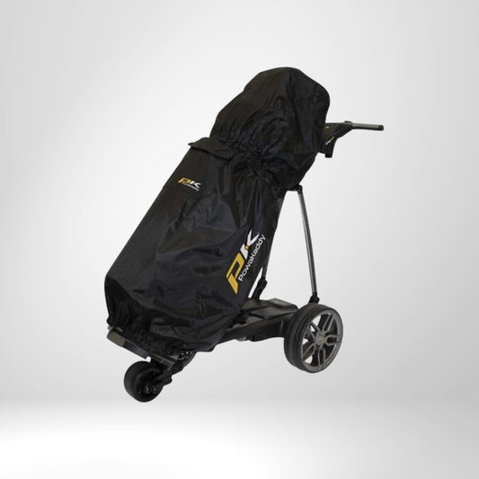 Schwarze Golf Trolley Regenhaube auf E-Trolley, schützt Golfausrüstung vor Nässe