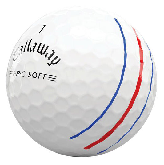 Weißer Golfball mit blauen und roten Linien, Aufschrift ERC Soft, Golf Zubehör Produktfoto