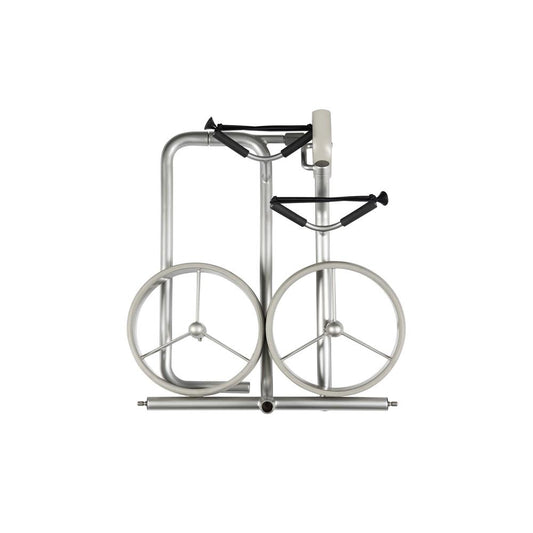 Zusammenklappbarer silberner Golftrolley mit zwei großen Rädern auf weißem Hintergrund