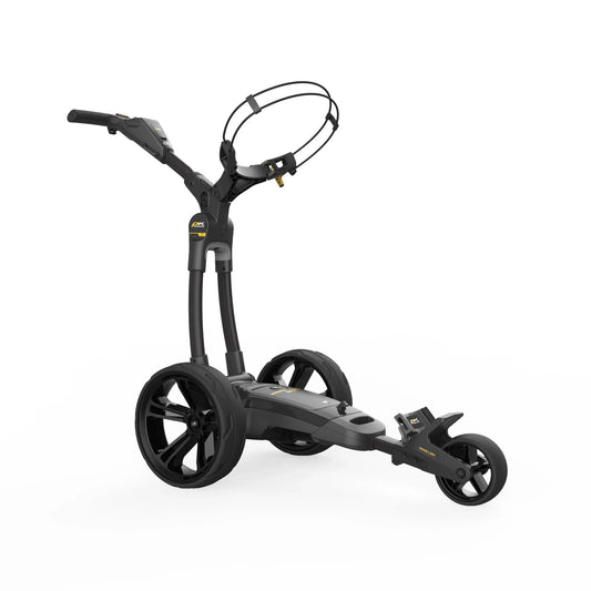 Schwarzer Golf E-Trolley mit drei Rädern und modernem Design auf weißem Hintergrund