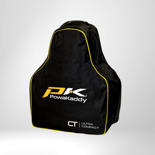 Schwarze Powakaddy Ultra Compact Travel Cover Tasche mit gelbem Rand, Golf Zubehör