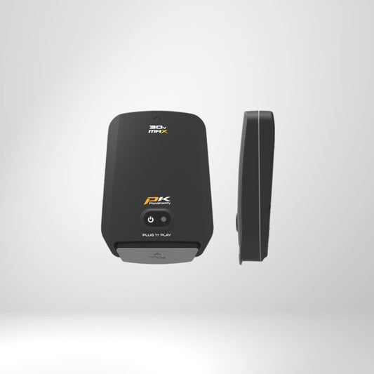 Schwarze 30V Lithium Plug'n'Play Batterie für Golf E-Trolley, Vorder- und Seitenansicht