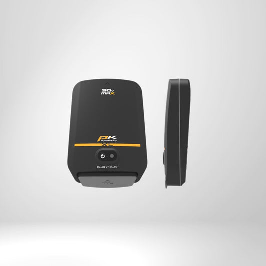 Schwarze 30V Lithium Plug'n'Play Batterie für Golf E-Trolley, frontal und seitlich gezeigt