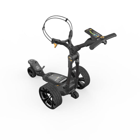 Elektrischer Golf Trolley mit GPS, schwarz, moderne Räder und Smartphone-Halterung