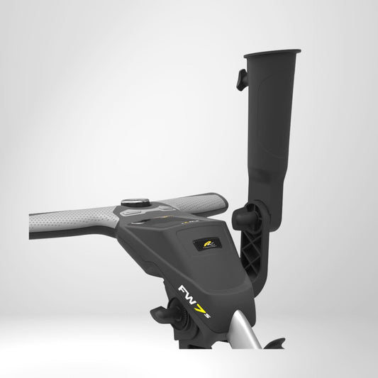 Schwarzer Golf Trolley Regenschirmhalter aus Kunststoff, montiert am Griff eines E-Trolleys