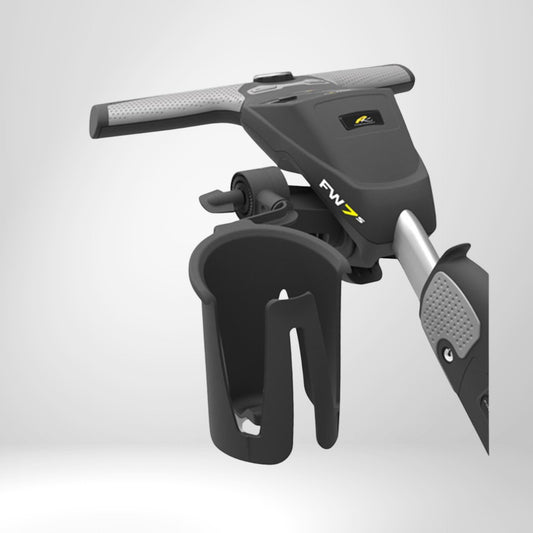 Golf Trolley Getränkehalter Universal, schwarz, am Griff eines Golfwagens montiert