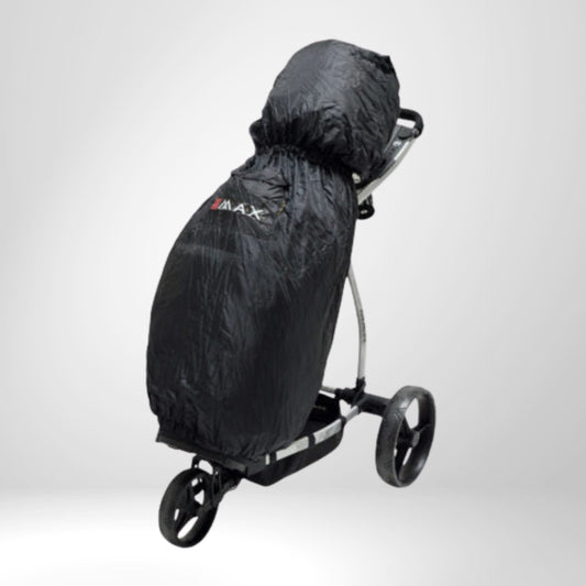 Schwarze Golfbag-Regenhülle auf Golf Trolley für Wetterschutz beim Golfen