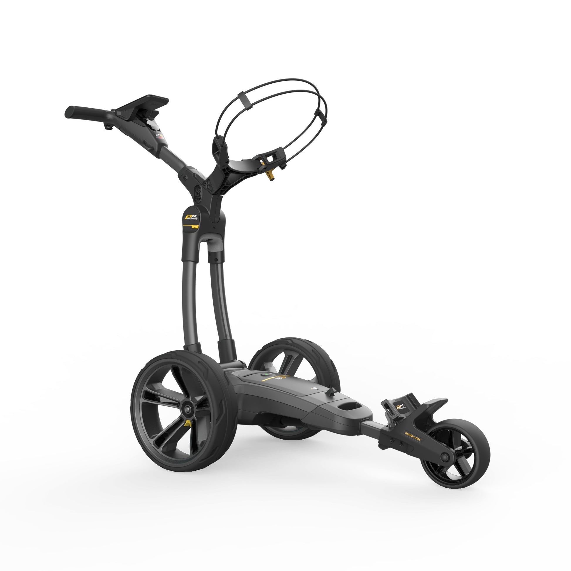 Elektrischer Golf Trolley in Gunmetal mit drei Rädern, modernes Design, E-Trolley für Golfplatz