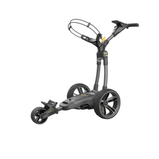 Moderner elektrischer Golf Trolley in Schwarz mit großen Rädern und höhenverstellbarem Griff