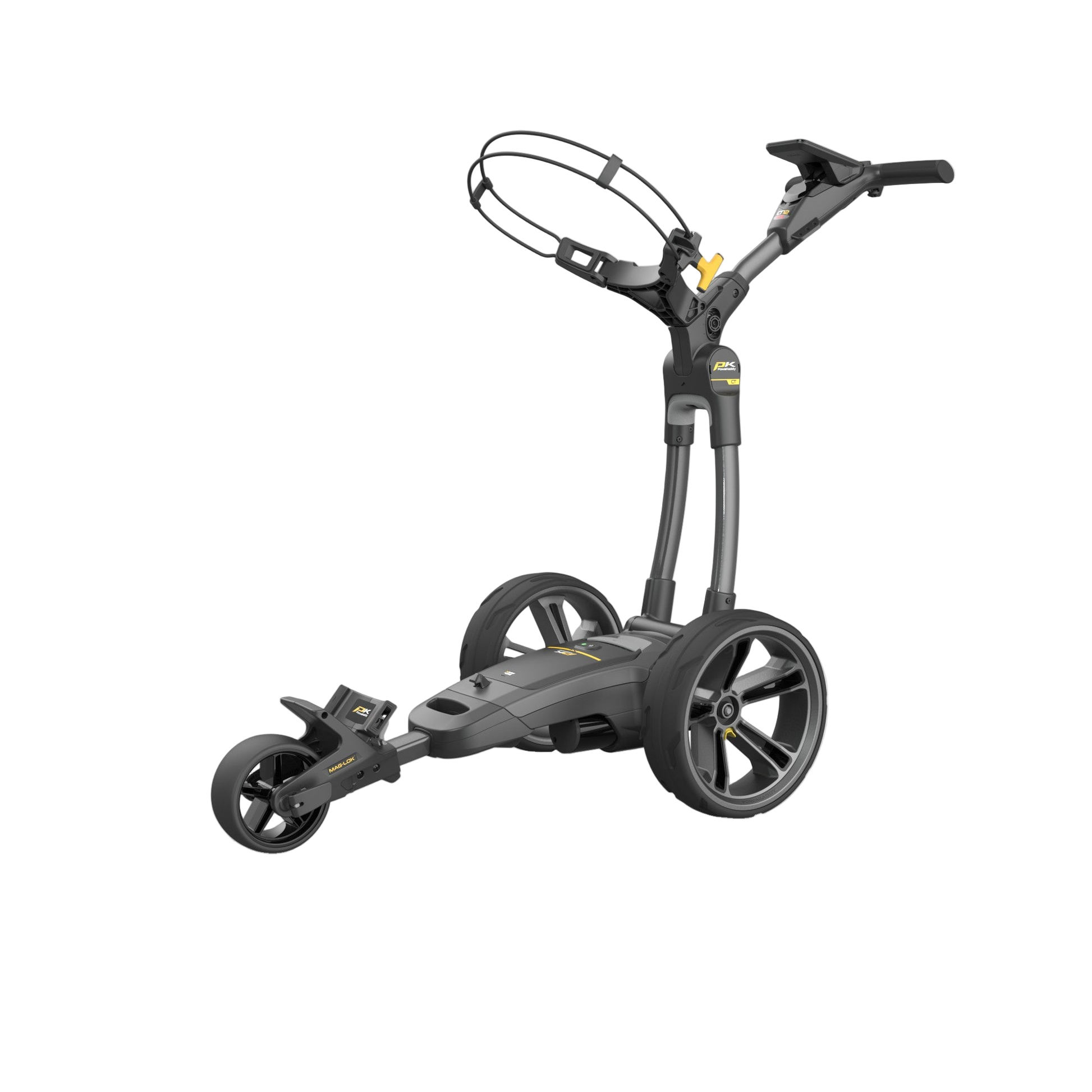 Moderner elektrischer Golf Trolley in Schwarz mit großen Rädern und höhenverstellbarem Griff