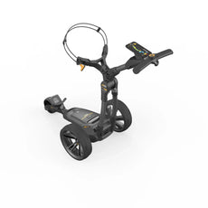 Moderner elektrischer Golf Trolley in Schwarz mit großen Rädern und integriertem GPS-Display.