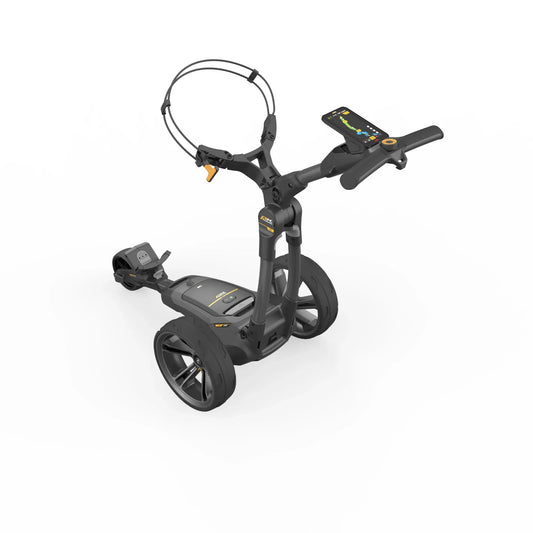 Moderner elektrischer Golf Trolley in Schwarz mit großen Rädern und integriertem GPS-Display.