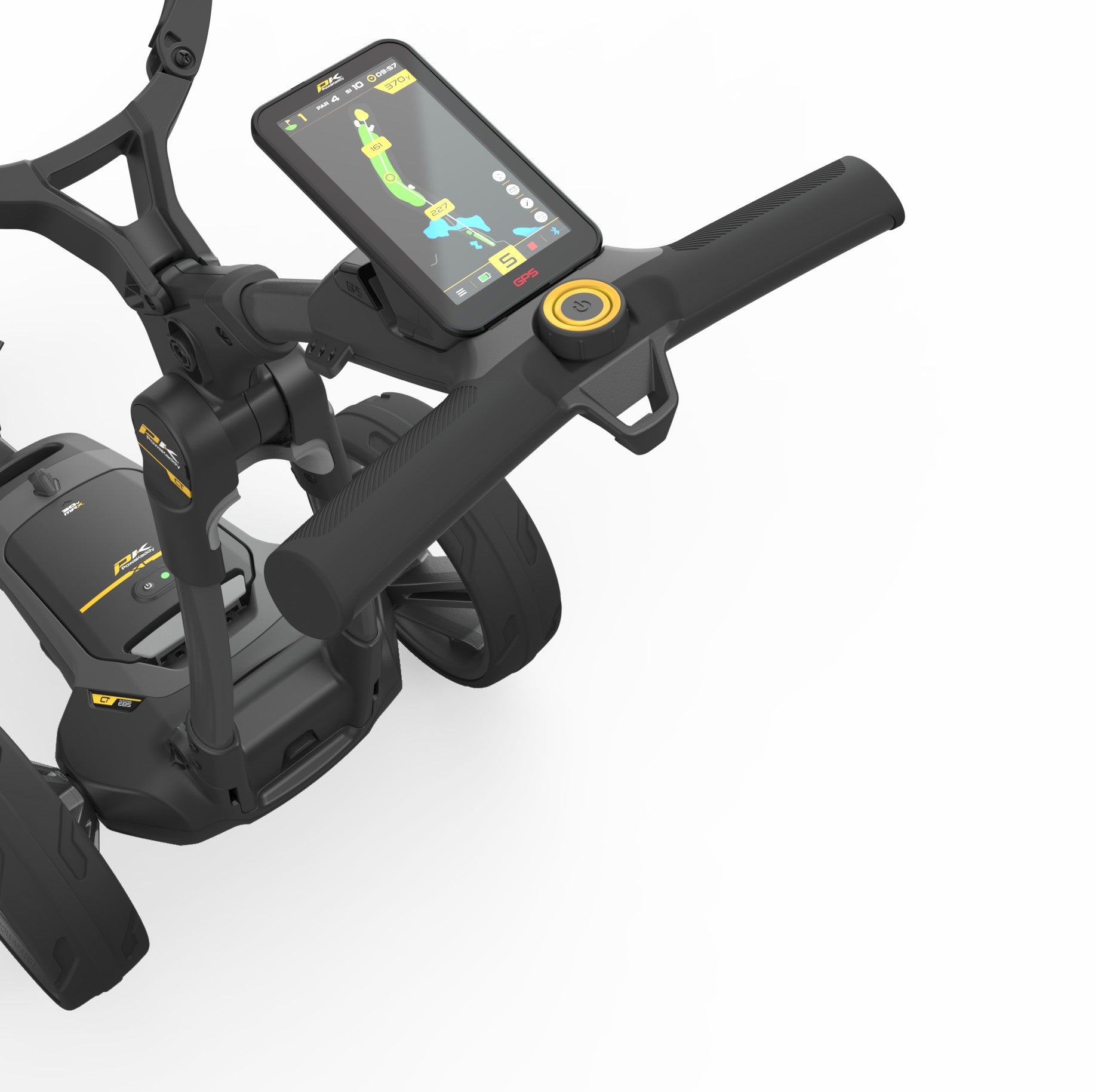Moderner elektrischer Golf Trolley in Schwarz mit integriertem GPS-Display auf weißem Hintergrund