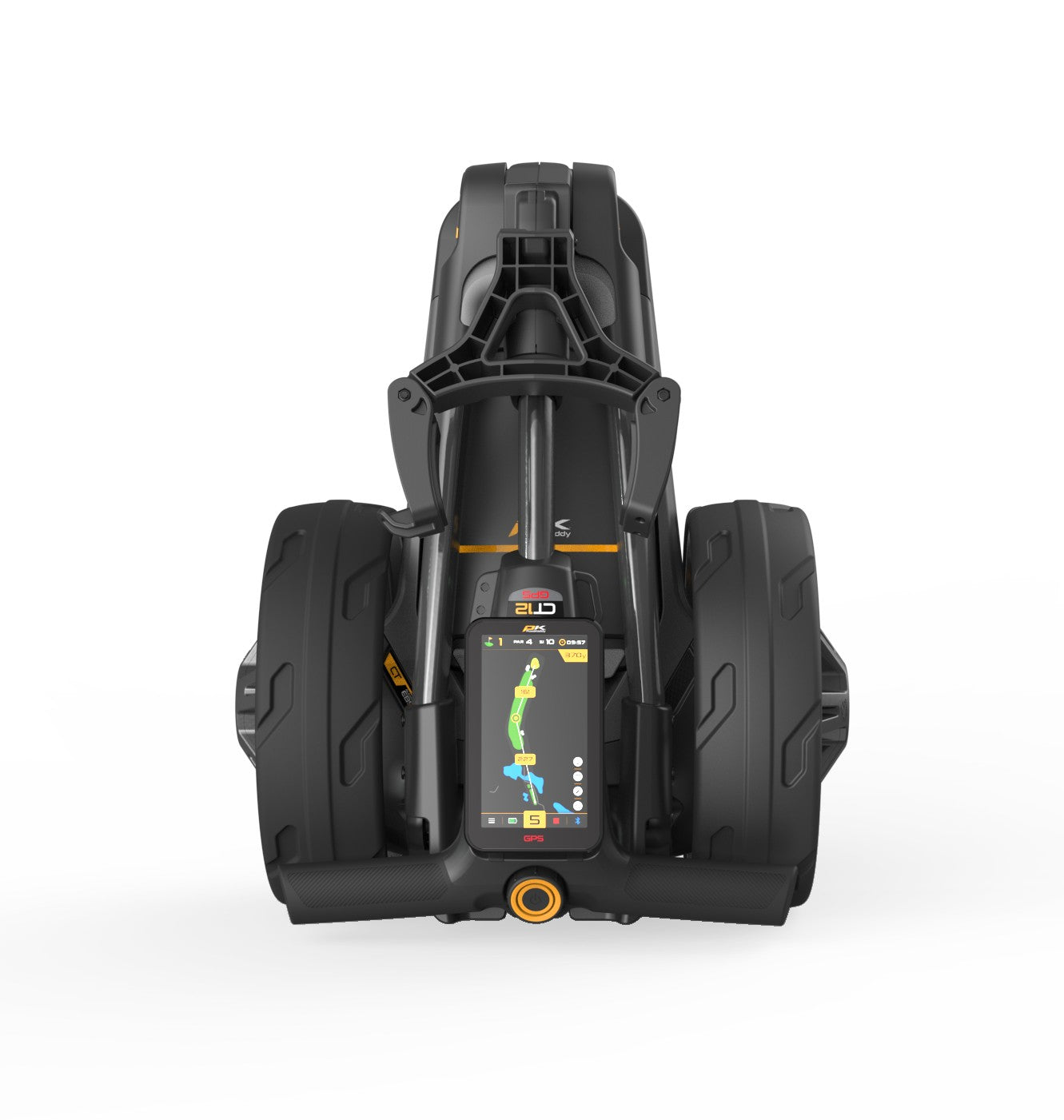 Moderner faltbarer Golf Trolley mit GPS und Display, kompakt zusammengeklappt