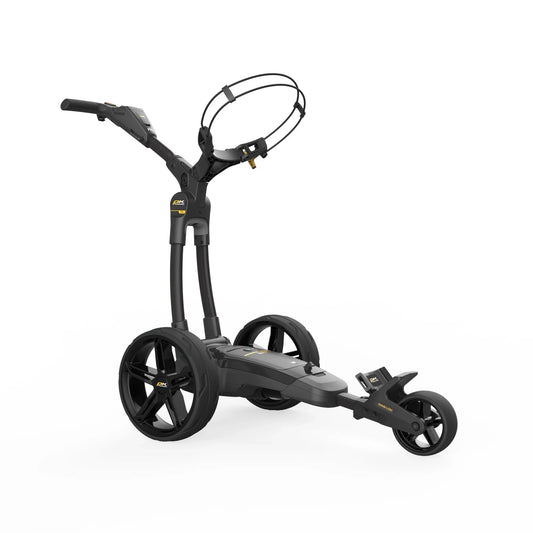 Schwarzer dreirädriger Elektro-Golf Trolley mit modernem Design auf weißem Hintergrund
