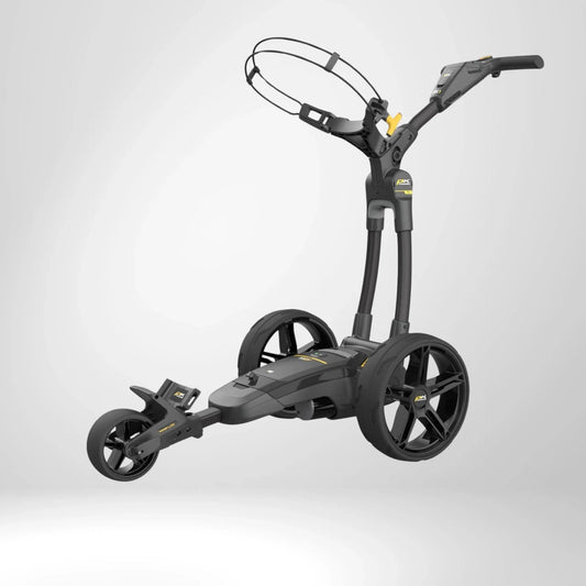 Moderner schwarzer Golf Trolley mit drei großen Rädern, ideal als Zubehör für Golfer