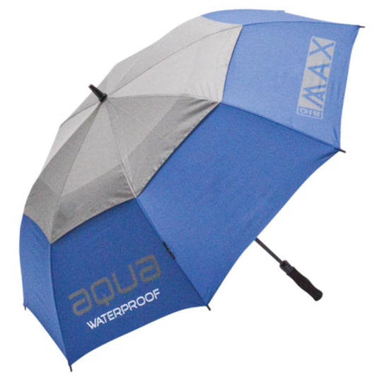 Blauer und grauer Golf Regenschirm, wasserfest, mit Schriftzug aqua waterproof.