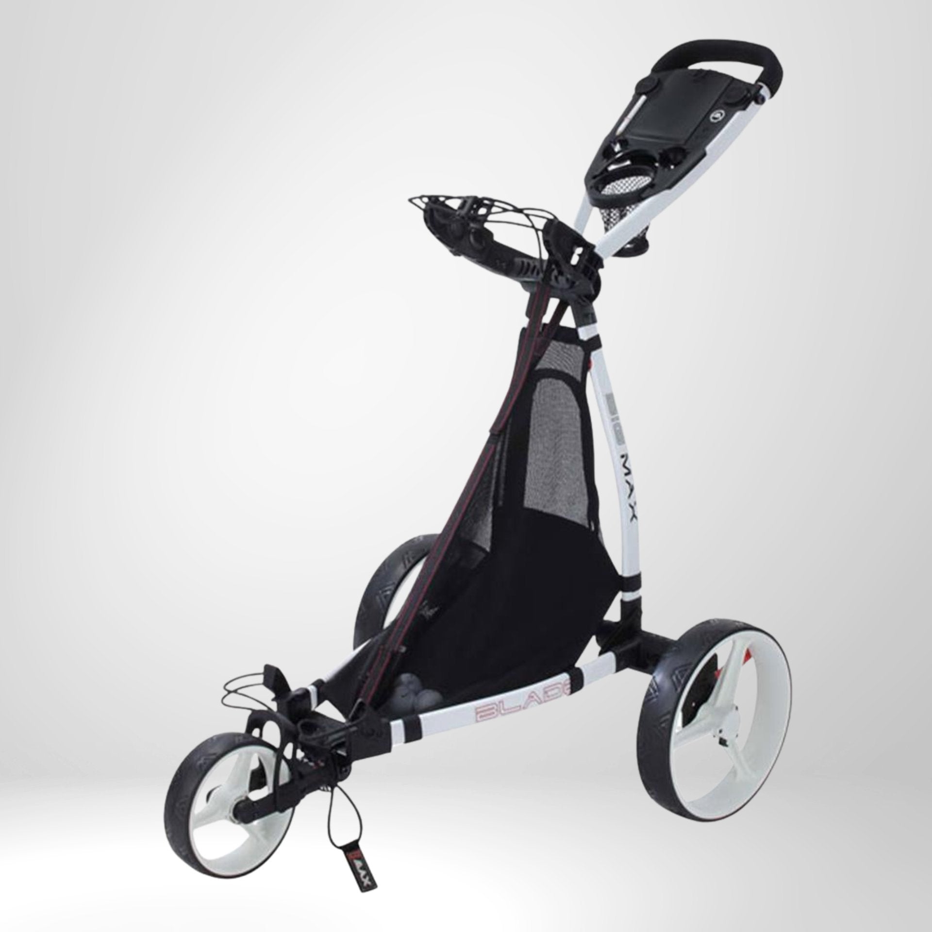 Moderner weißer Golf Trolley mit drei Rädern und Netzfach, Zubehörhalterung sichtbar
