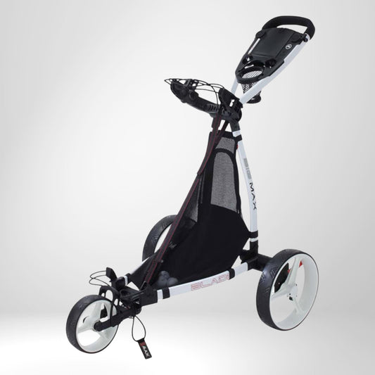 Moderner weißer Golf Trolley mit drei Rädern und Netzfach, Zubehörhalterung sichtbar
