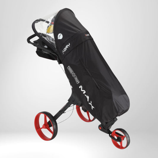 Schwarze Golf Trolley Regenhaube mit roten Rädern, schützt Golfbag vor Nässe
