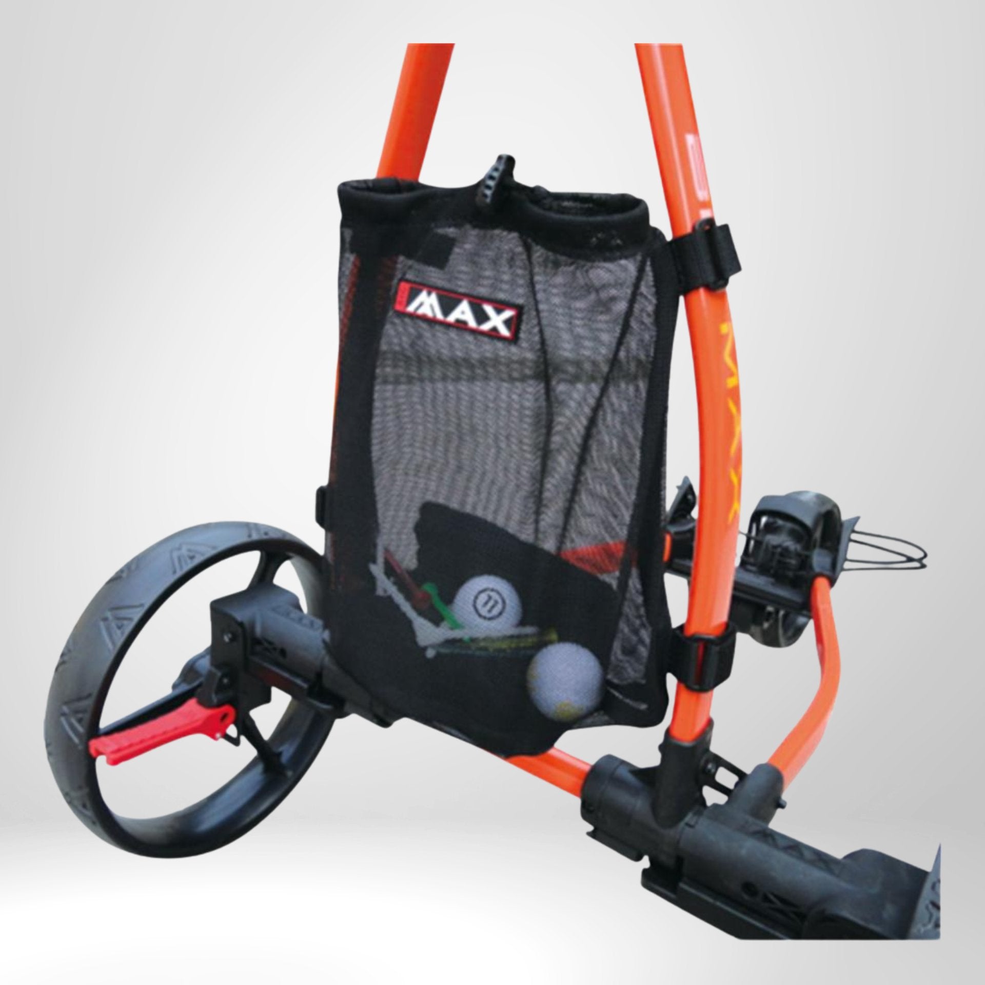 Schwarze Netz-Tasche für Golf-Trolley mit Golfbällen und Zubehör, am Gestell befestigt