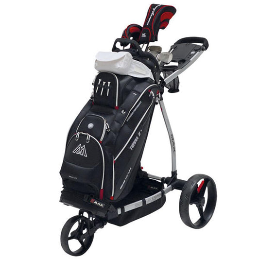 Schwarzer Golf Trolley mit Golfbag, weißen Regenschutz und sichtbaren Golfschlägern