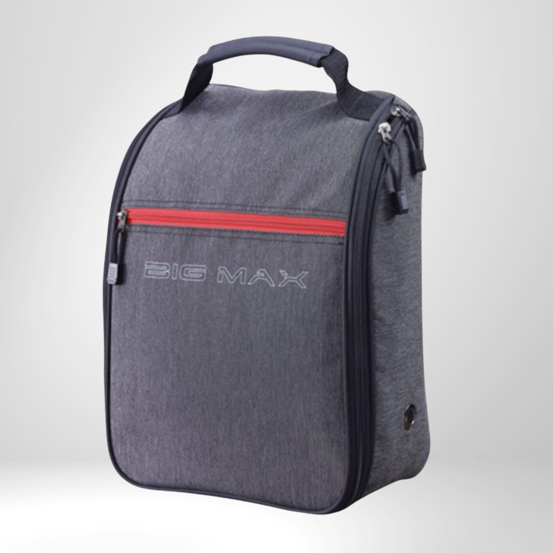 Graue Golf-Schuh-Tasche mit rotem Reißverschluss und Tragegriff, Big Max Logo sichtbar