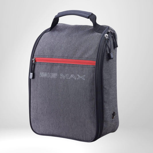 Graue Golf-Schuh-Tasche mit rotem Reißverschluss und Tragegriff, Big Max Logo sichtbar
