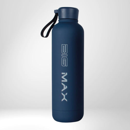 Blaue Trinkflasche mit BIG MAX Logo, ideal als Golf Zubehör, auslaufsicher, mattes Design