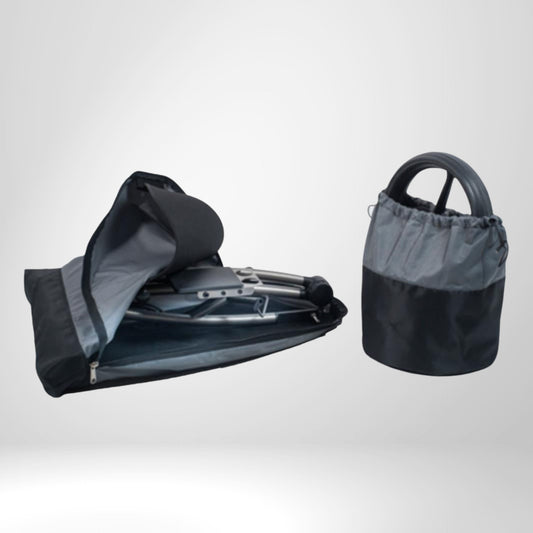 Schwarze E-Trolley Transporttasche und Radtasche für Golf Trolley auf hellem Hintergrund