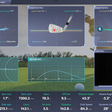 Golf Simulator Anzeige mit Abschlagdaten, Golfball und Schläger, digitale Analyse, Golf Indoor Training