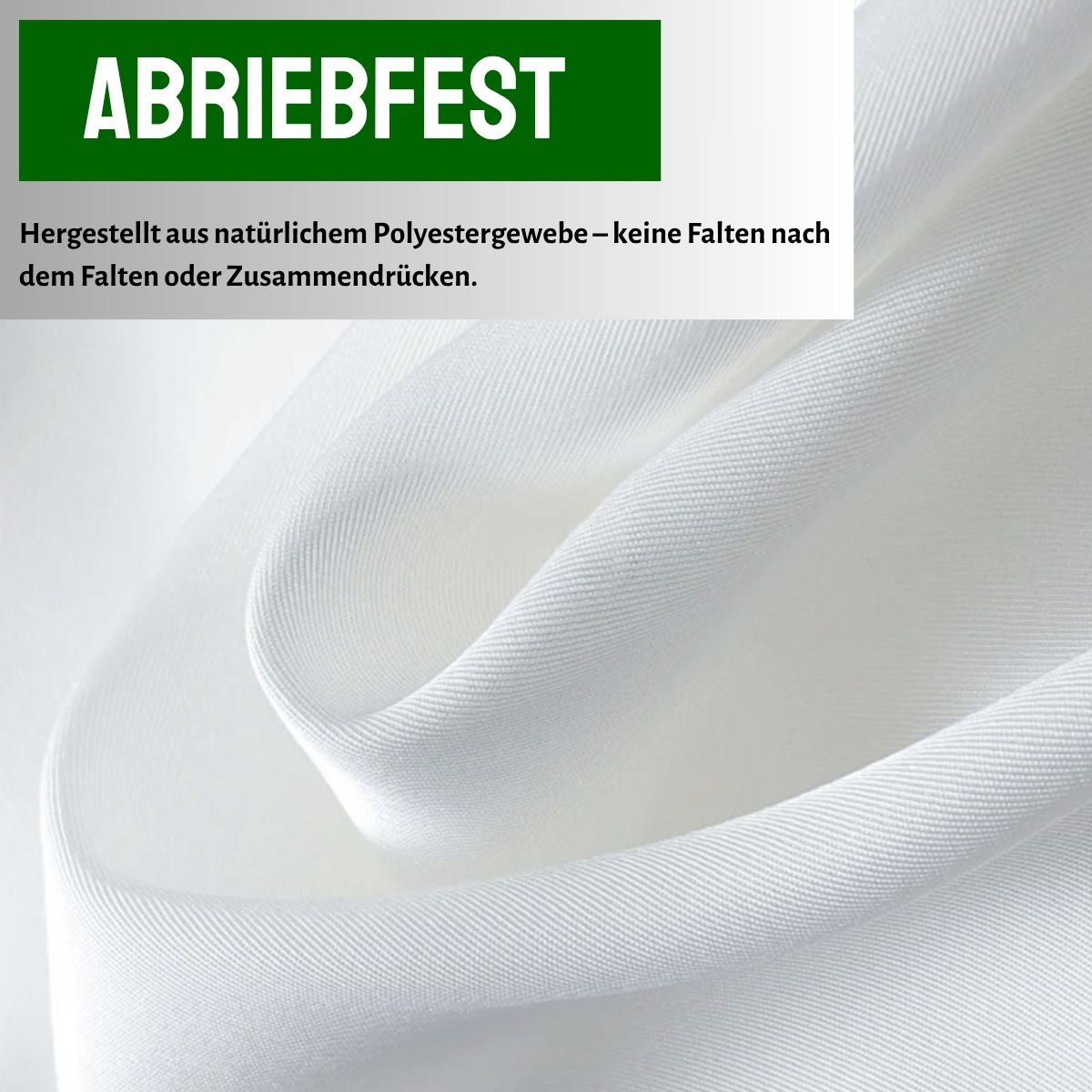 Weiße, abriebfeste Polyesterstoffbahn, faltenfrei und glatt, Nahaufnahme des Gewebes.