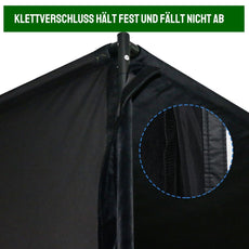 Detailaufnahme eines stabilen Klettverschlusses an schwarzem Indoor Golfnetz, Nahaufnahme