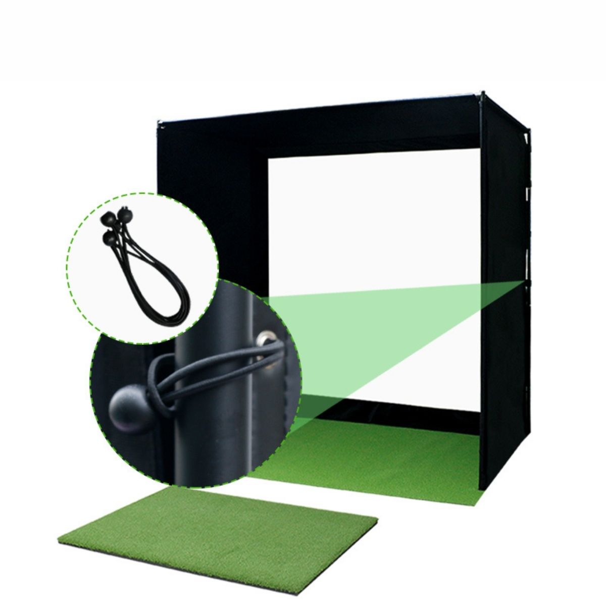Golf Simulator mit schwarzem Rahmen, weißer Schlagfläche, Abschlagmatte und Befestigungsdetails