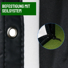 Golfnetz Befestigung mit Seilsystem, Metallöse und stabilem Rahmen, Nahaufnahme