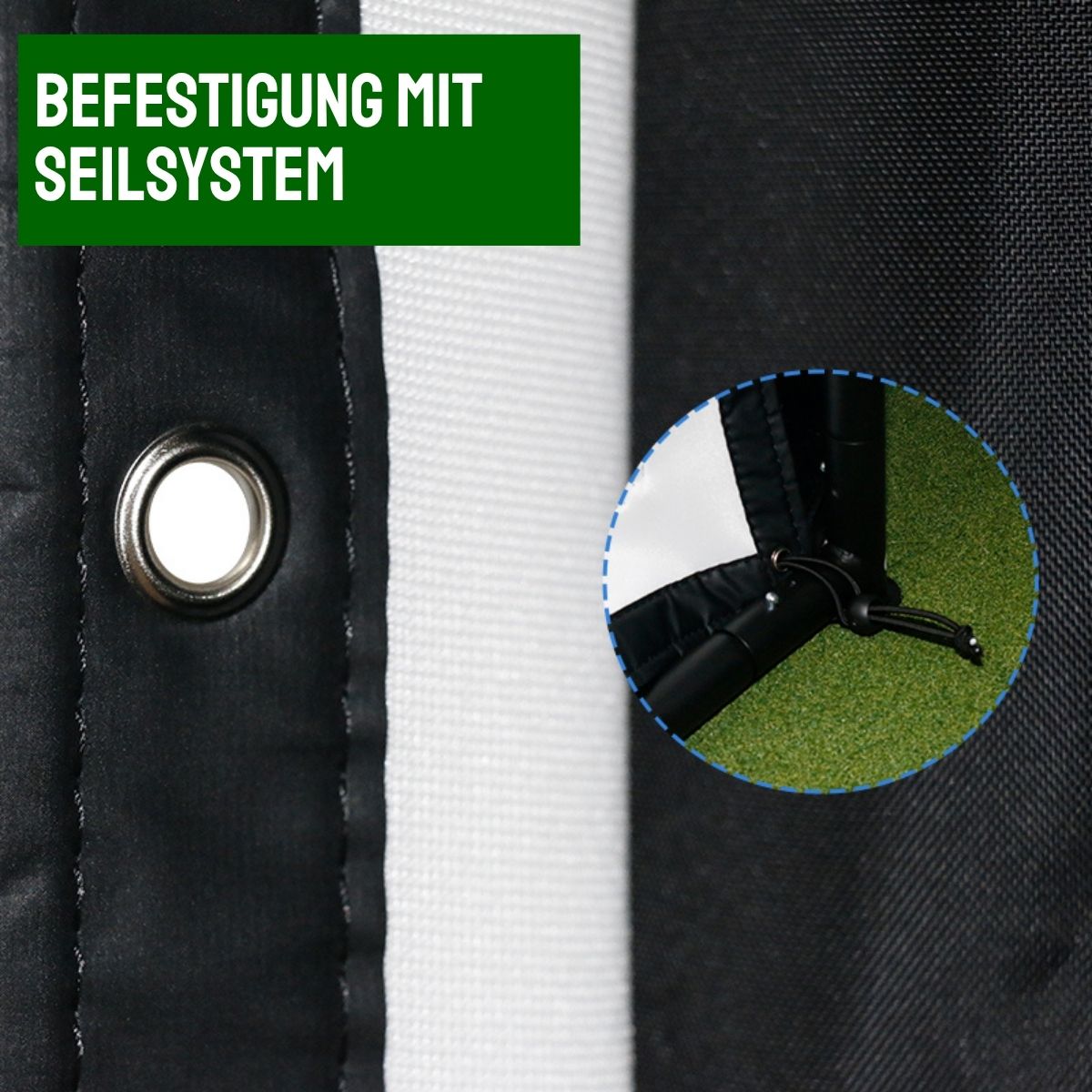 Golfnetz Befestigung mit Seilsystem, Metallöse und stabilem Rahmen, Nahaufnahme