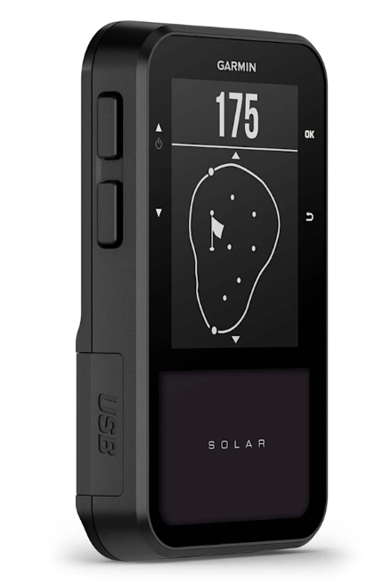 Schwarzes Golf GPS-Gerät mit Display, Anzeige von Entfernung und Golfplatz-Layout