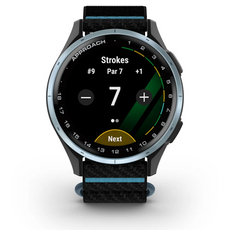 Golf GPS Uhr mit rundem Display, Anzeige von Schlägen, Lochnummer und Par, schwarzes Armband