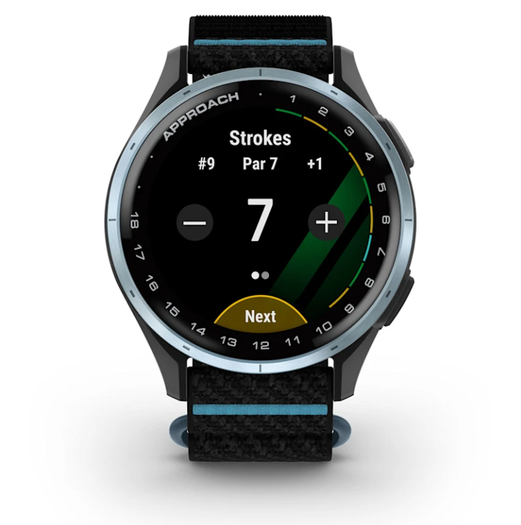 Golf GPS Uhr mit rundem Display, Anzeige von Schlägen, Lochnummer und Par, schwarzes Armband