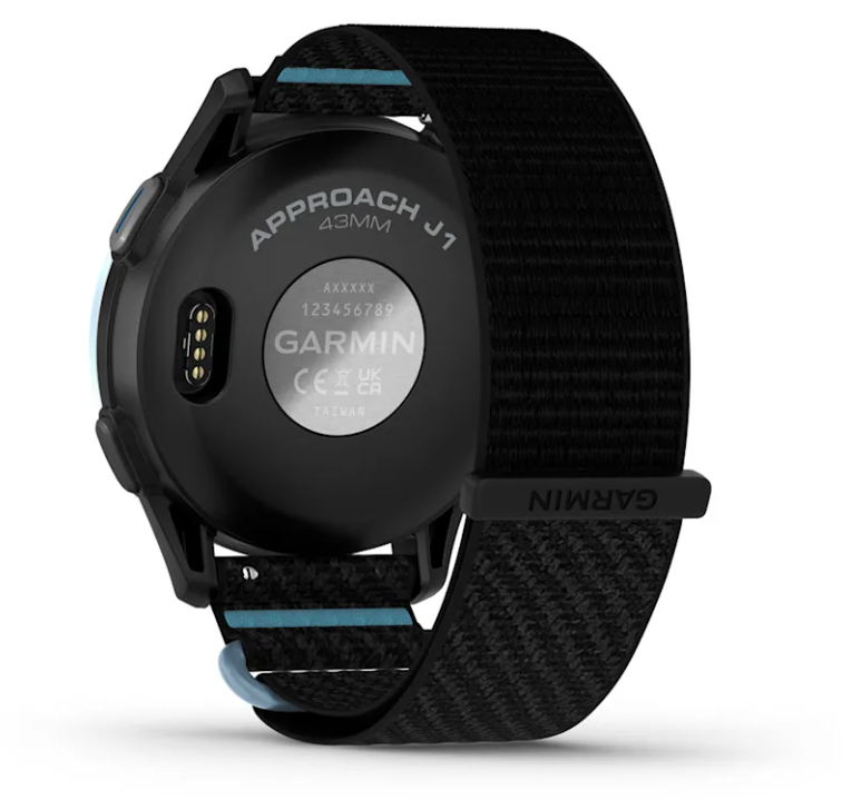 Garmin Approach J1 Golfuhr Rückseite mit schwarzem Armband, 43mm Gehäuse