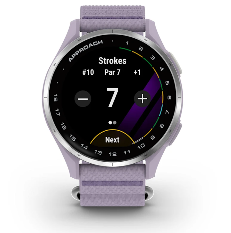 Golf Smartwatch mit lila Armband und digitaler Scorecard Anzeige, modernes Golfzubehör