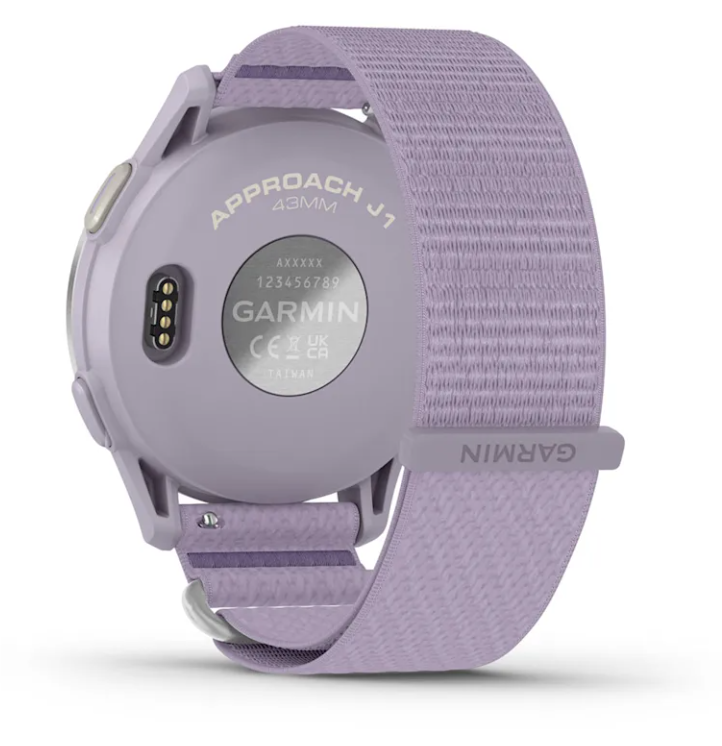Garmin Approach J1 Golfuhr Rückseite mit lilafarbenem Armband, 43mm, Ladeanschluss sichtbar