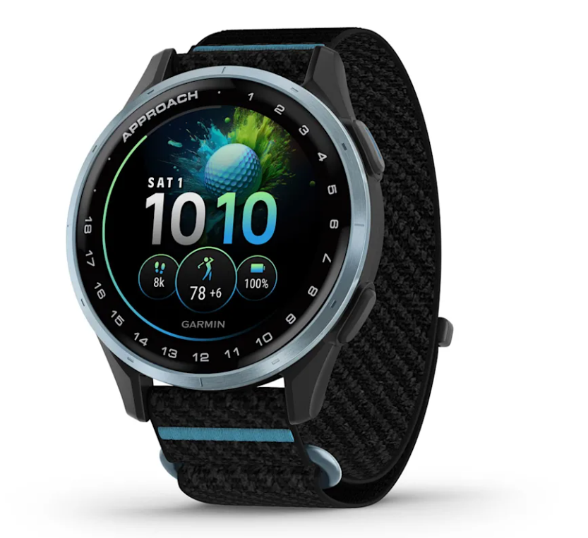 Golf Smartwatch mit rundem Display und schwarzem Armband, Golfball-Grafik auf dem Bildschirm
