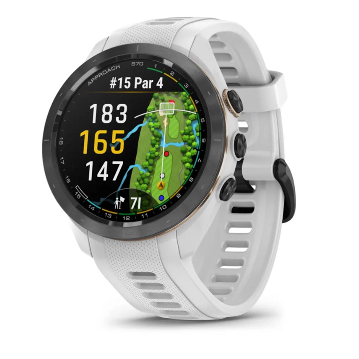 Golf GPS-Uhr mit weißem Armband, farbigem Display und Golfplatz-Navigation