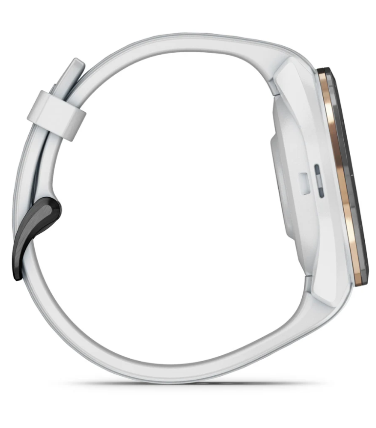 Weiße Smartwatch mit rundem Display, Seitenansicht, modernes Golfzubehör