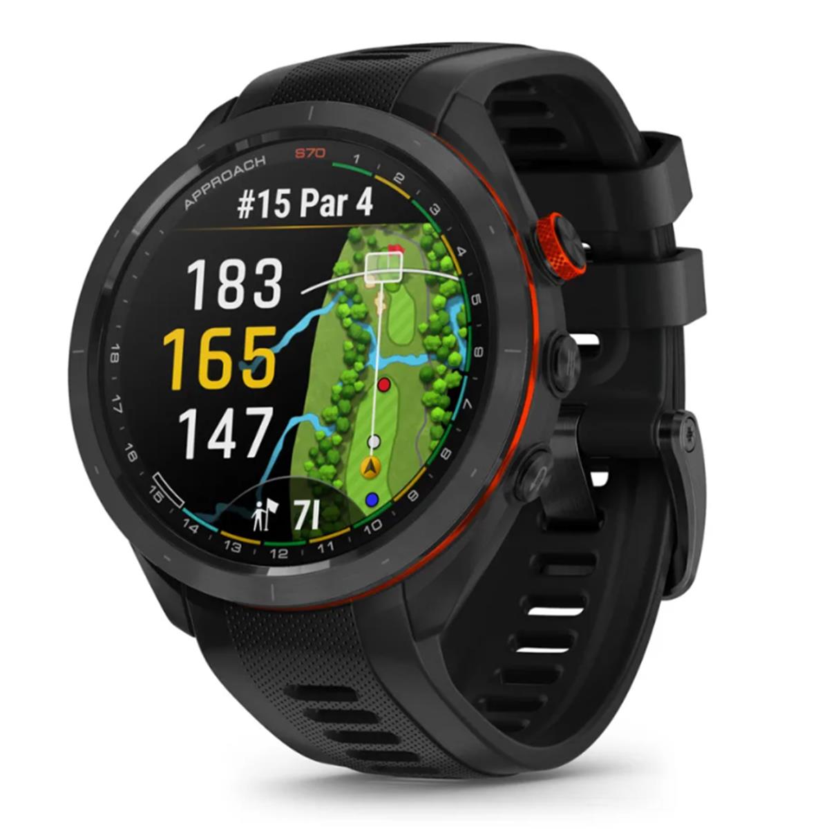 Golf GPS Uhr mit Farbdisplay, Entfernungsanzeige und Golfplatzkarte, schwarze Lünette