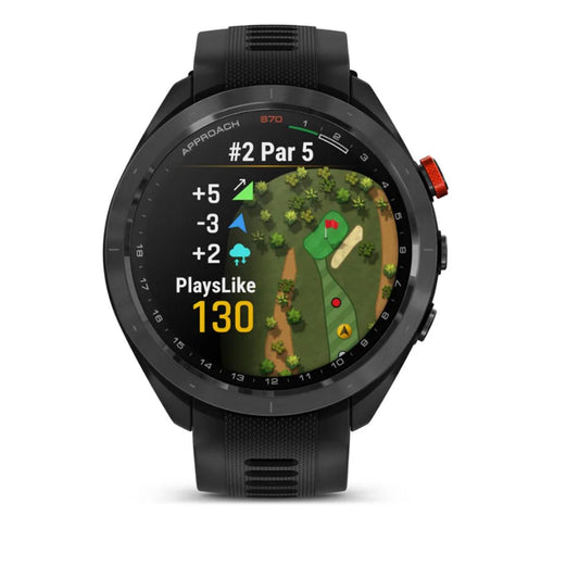 Schwarze Golf GPS-Uhr mit farbigem Golfplatz-Display und Distanzanzeige für Golfer