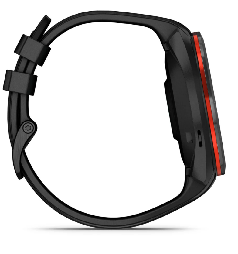 Golf GPS-Uhr mit schwarzem Armband und rotem Rand, Seitenansicht