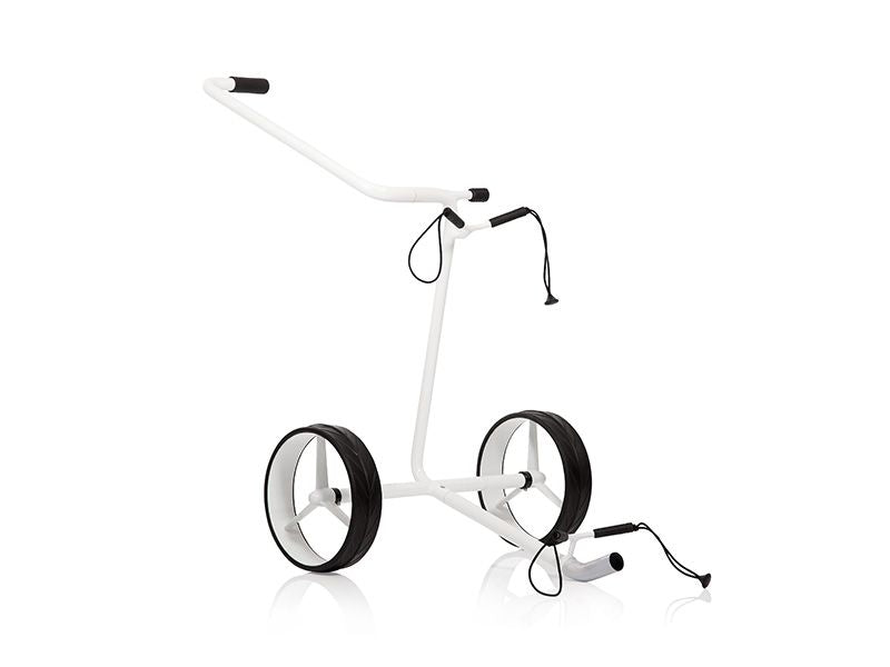 Weißer Golf Trolley mit zwei großen Rädern und ergonomischem Griff auf weißem Hintergrund