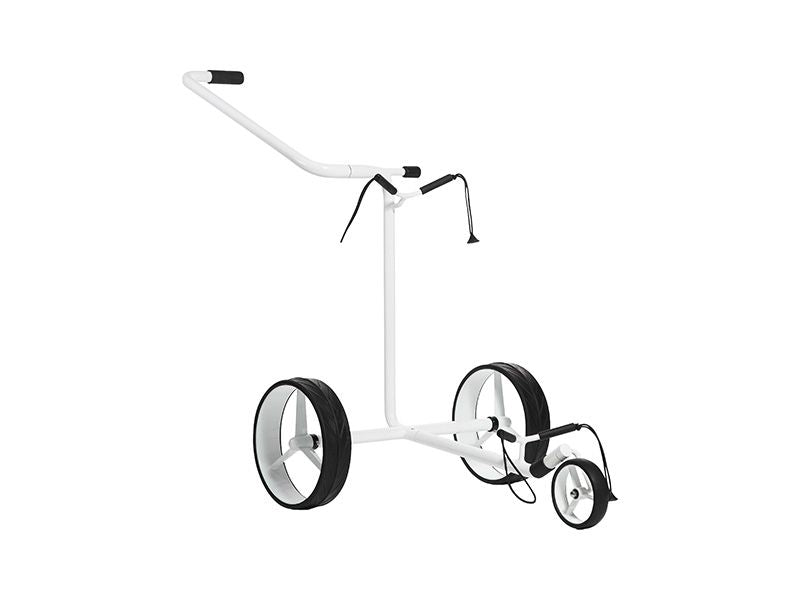 Weißer Golf Trolley mit drei Rädern für Golfausrüstung, freigestellt auf weißem Hintergrund